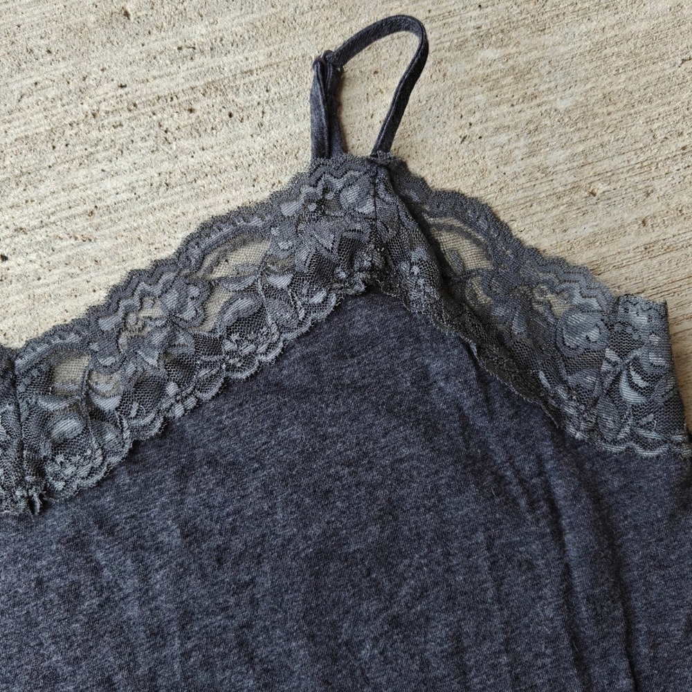 Lace Trim Cami Womens Large Charcoal Gray Layering Cotton Blend Y2k Whimsy EUC - Picture 2 of 5